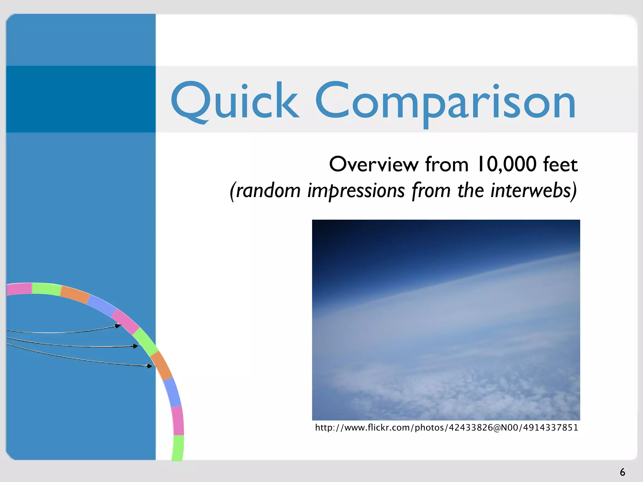 Quick Comparison
            Overview from 10,000 feet
  (random impressions from the interwebs)




           http://www.ﬂickr.com/photos/42433826@N00/4914337851




                                                                 6
 