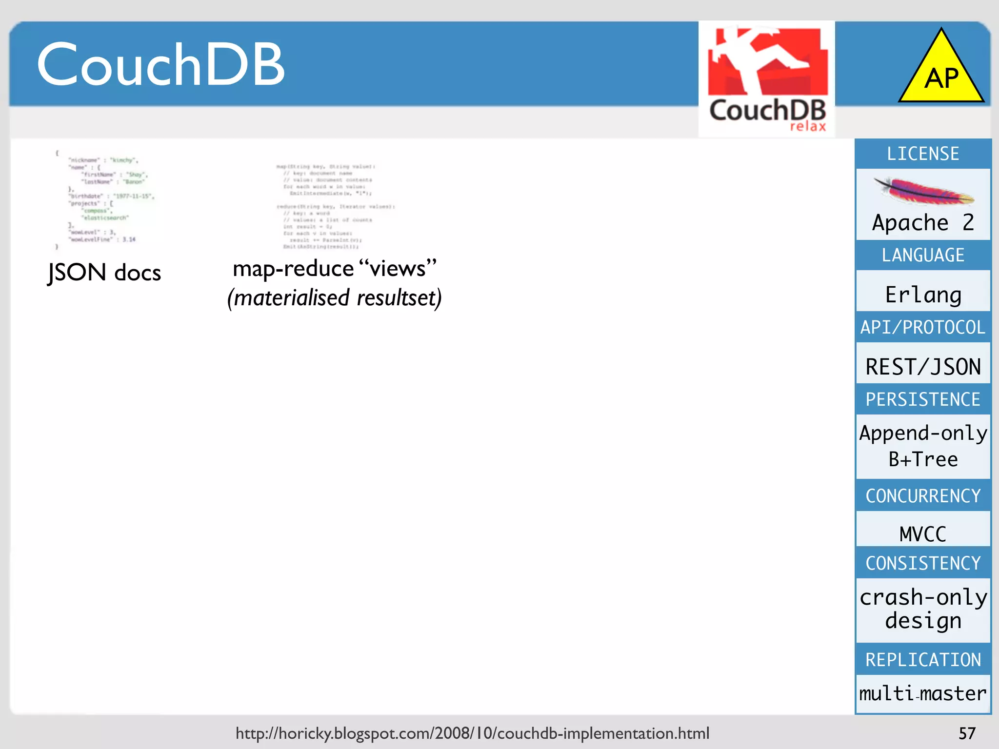 CouchDB                                                                             AP

                                                                                LICENSE



                                                                               Apache 2
                                                                                LANGUAGE
JSON docs    map-reduce “views”
            (materialised resultset)                                            Erlang
                                                                              API/PROTOCOL

                                                                              REST/JSON
                                                                              PERSISTENCE
                                                                              Append-only
                                                                                B+Tree
                                                                              CONCURRENCY

                                                                                 MVCC
                                                                              CONSISTENCY

                                                                              crash-only
                                                                                design
                                                                              REPLICATION
                                                                              multi-master
            http://horicky.blogspot.com/2008/10/couchdb-implementation.html             57
 