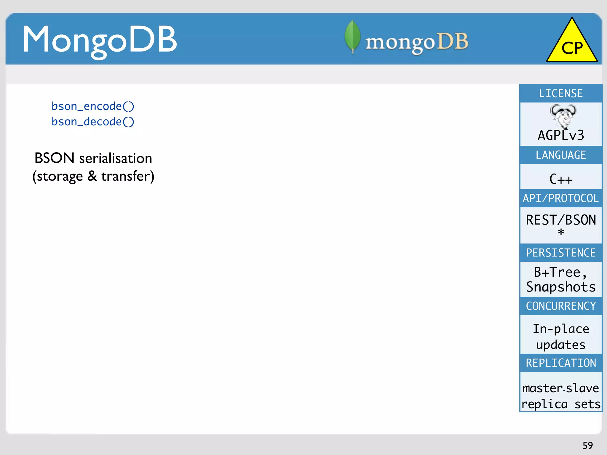 MongoDB                      CP

                         LICENSE
   bson_encode()
   bson_decode()
                         AGPLv3
BSON serialisation       LANGUAGE

(storage & transfer)       C++
                       API/PROTOCOL

                       REST/BSON
                           *
                       PERSISTENCE
                        B+Tree,
                       Snapshots
                       CONCURRENCY

                        In-place
                         updates
                       REPLICATION

                       master-slave
                       replica sets


                                 59
 