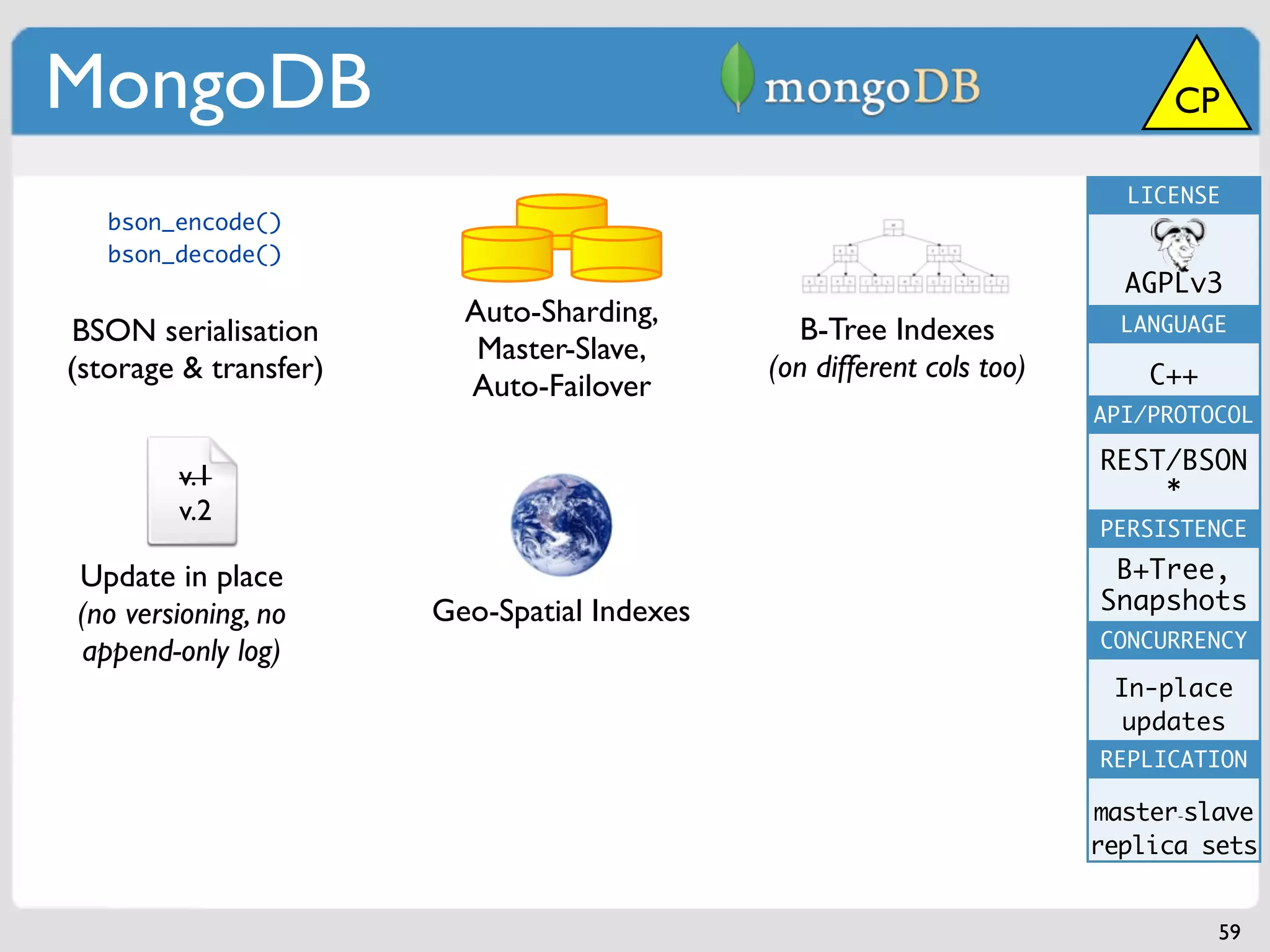 MongoDB                                                                      CP

                                                                         LICENSE
   bson_encode()
   bson_decode()
                                                                         AGPLv3
                         Auto-Sharding,                                  LANGUAGE
BSON serialisation                              B-Tree Indexes
                          Master-Slave,
(storage & transfer)                         (on different cols too)       C++
                         Auto-Failover
                                                                       API/PROTOCOL

                                                                       REST/BSON
        v.1                                                                *
        v.2
                                                                       PERSISTENCE

Update in place                                                         B+Tree,
                       Geo-Spatial Indexes                             Snapshots
(no versioning, no
                                                                       CONCURRENCY
append-only log)
                                                                        In-place
                                                                         updates
                                                                       REPLICATION

                                                                       master-slave
                                                                       replica sets


                                                                                 59
 