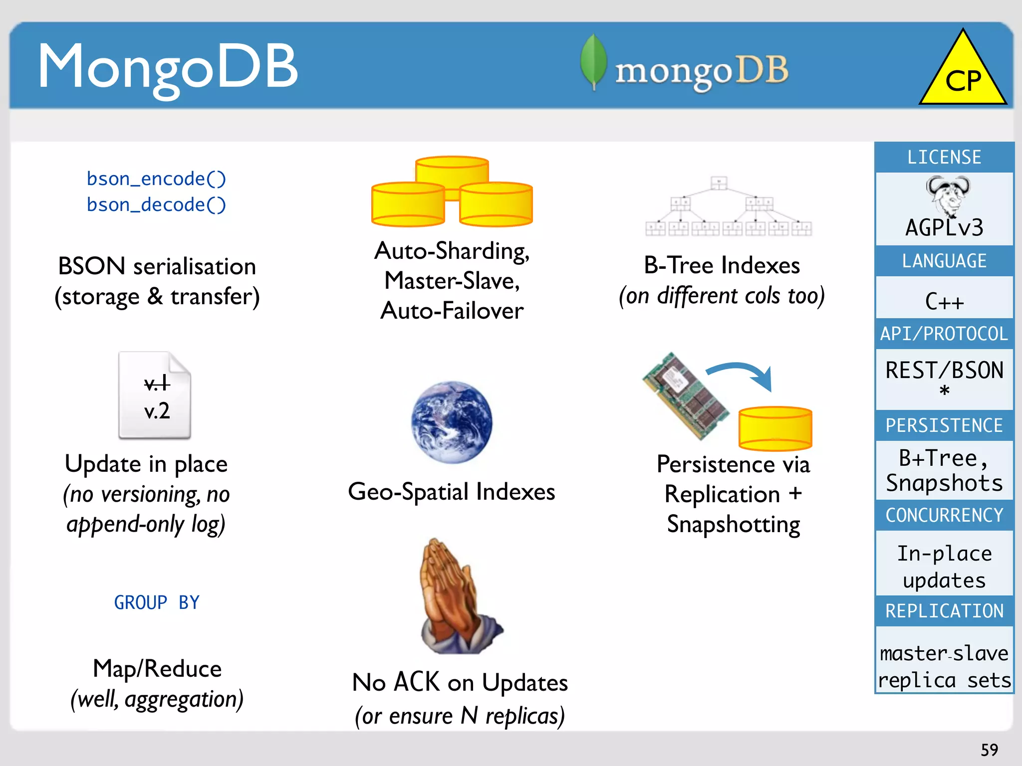 MongoDB                                                                         CP

                                                                            LICENSE
   bson_encode()
   bson_decode()
                                                                            AGPLv3
                         Auto-Sharding,                                     LANGUAGE
BSON serialisation                                 B-Tree Indexes
                          Master-Slave,
(storage & transfer)                            (on different cols too)       C++
                         Auto-Failover
                                                                          API/PROTOCOL

                                                                          REST/BSON
         v.1                                                                  *
         v.2
                                                                          PERSISTENCE

Update in place                                     Persistence via        B+Tree,
                       Geo-Spatial Indexes                                Snapshots
(no versioning, no                                   Replication +
                                                                          CONCURRENCY
append-only log)                                     Snapshotting
                                                                           In-place
                                                                            updates
     GROUP BY                                                             REPLICATION

                                                                          master-slave
   Map/Reduce
                       No ACK on Updates                                  replica sets
 (well, aggregation)
                       (or ensure N replicas)
                                                                                    59
 
