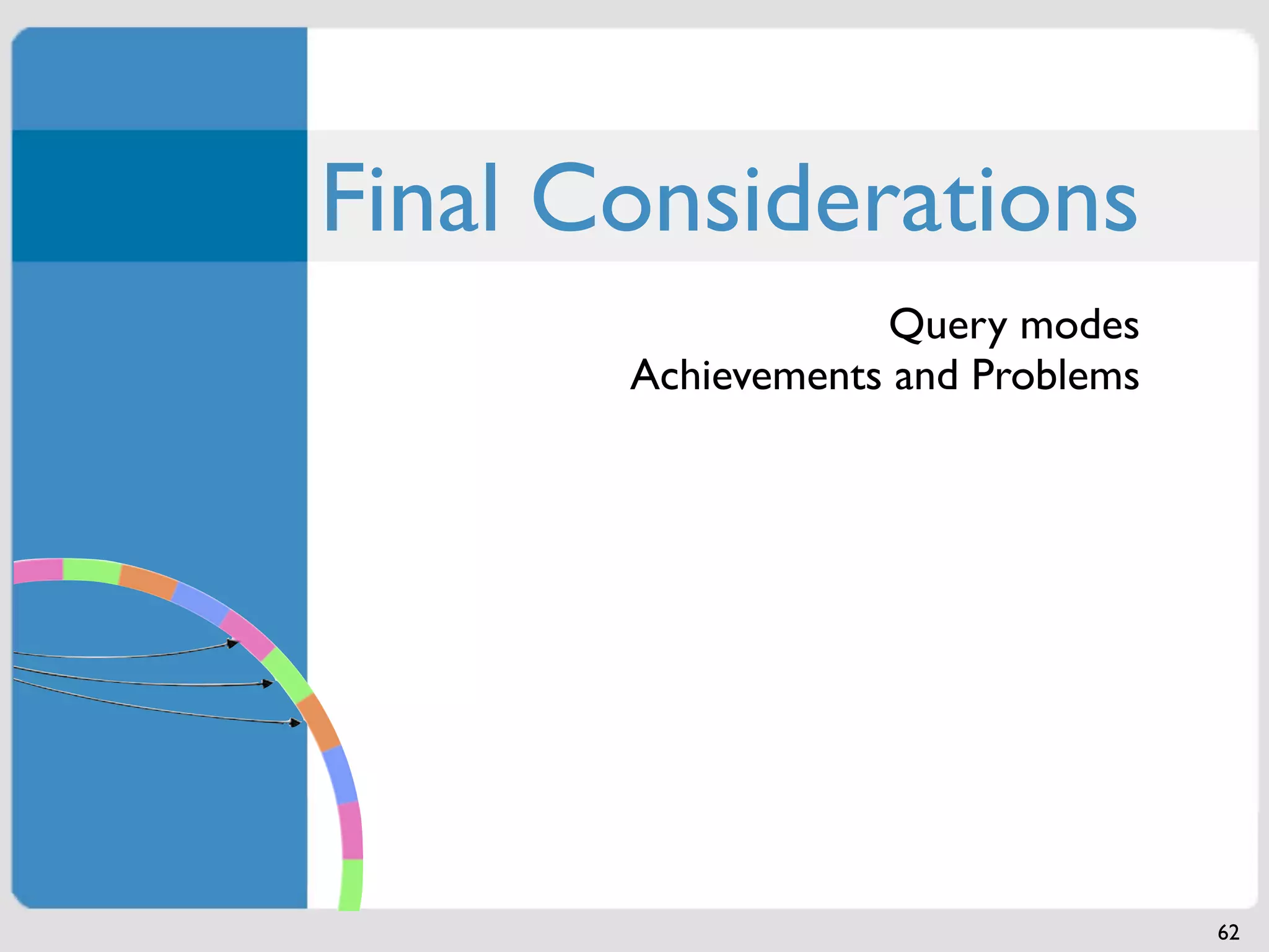 Final Considerations
                   Query modes
       Achievements and Problems




                                   62
 