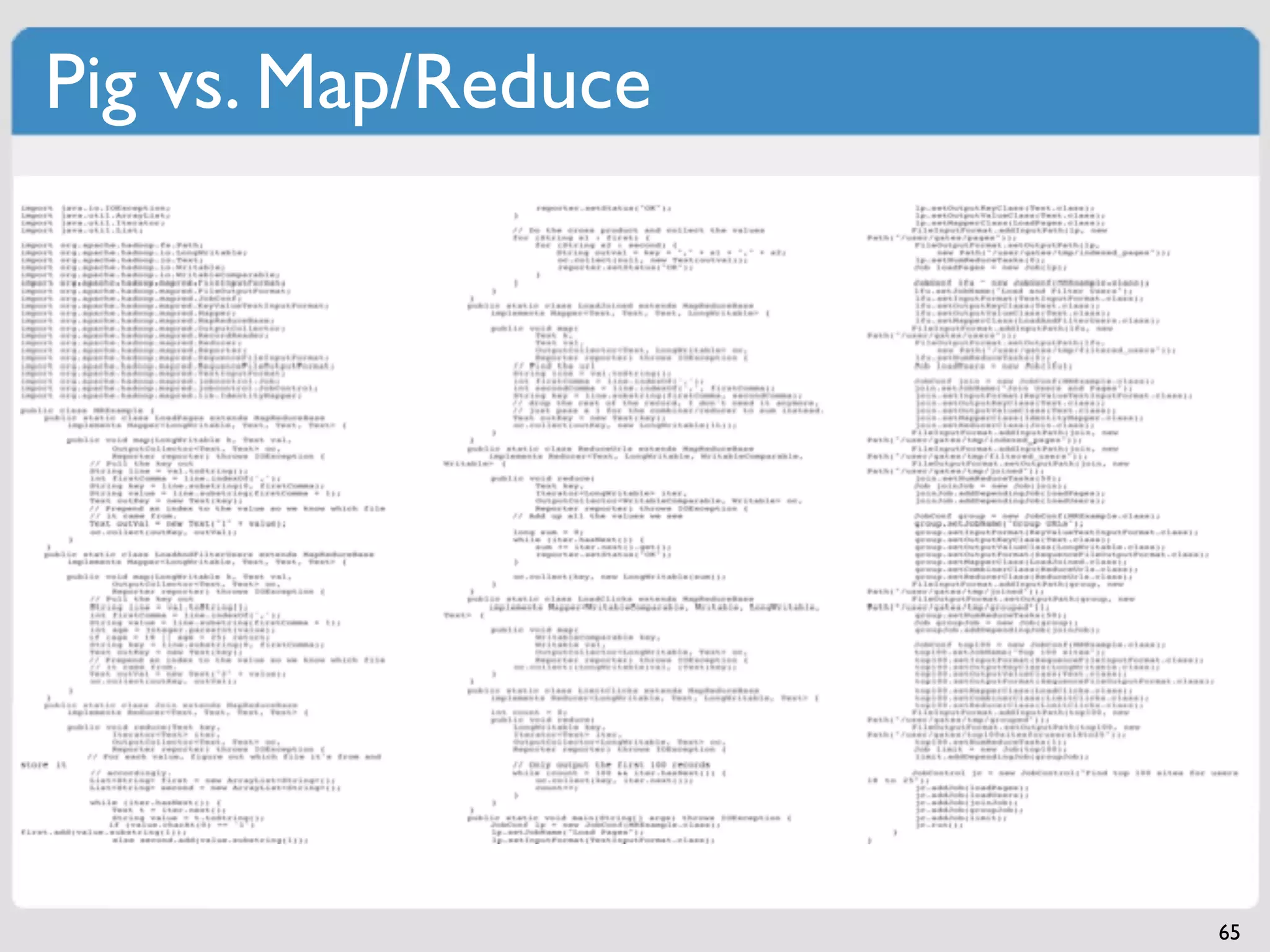 Pig vs. Map/Reduce




                     65
 