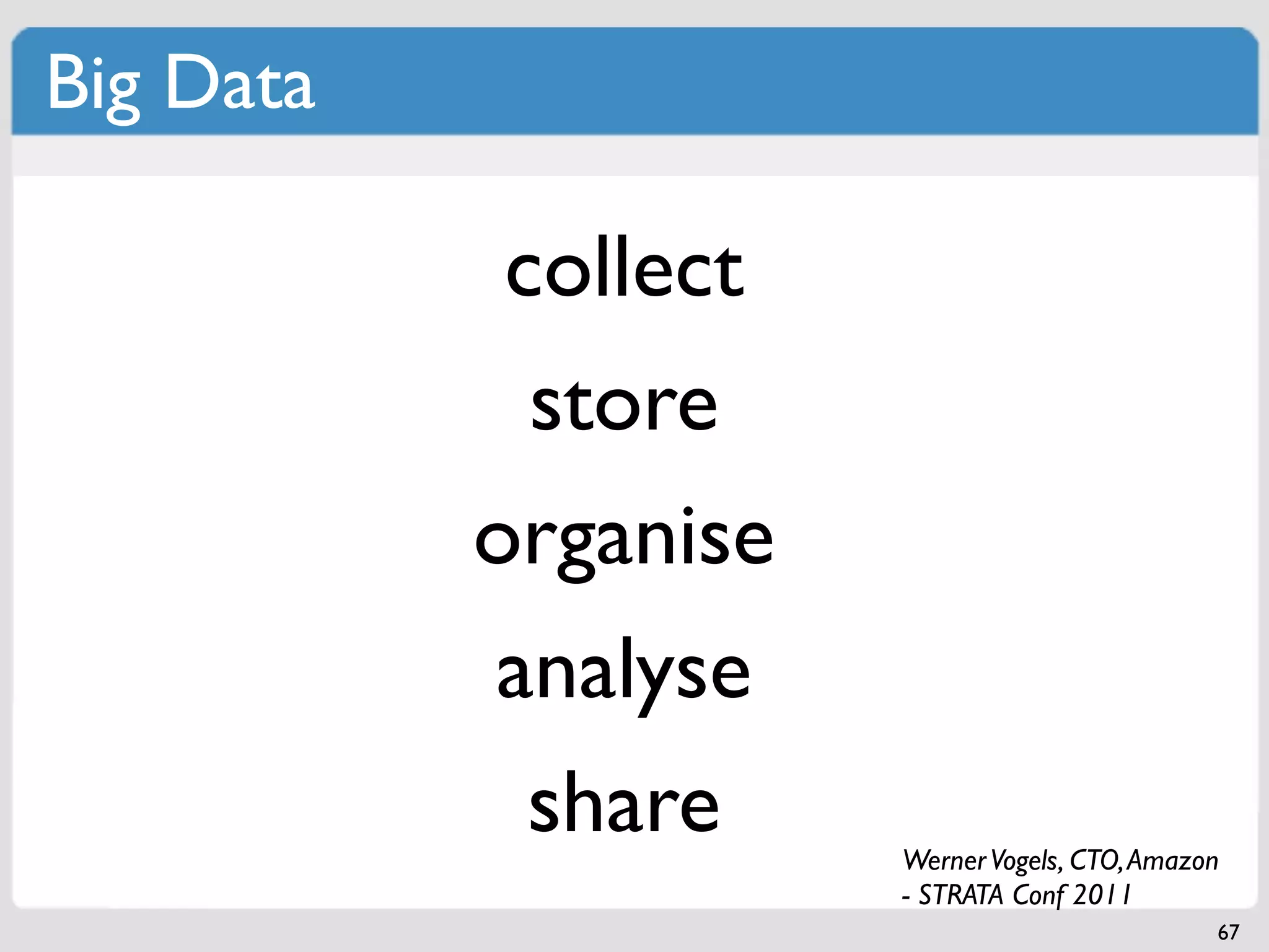 Big Data

            collect
             store
           organise
           analyse
             share    Werner Vogels, CTO, Amazon
                      - STRATA Conf 2011
                                               67
 