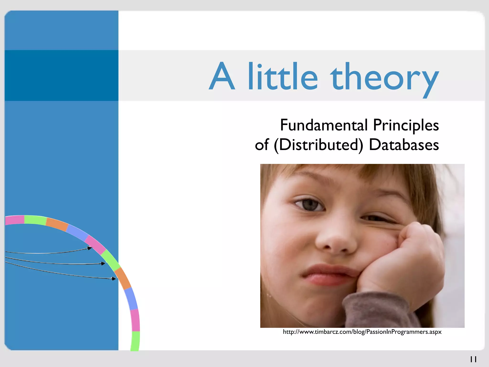 A little theory
      Fundamental Principles
  of (Distributed) Databases




     http://www.timbarcz.com/blog/PassionInProgrammers.aspx



                                                              11
 