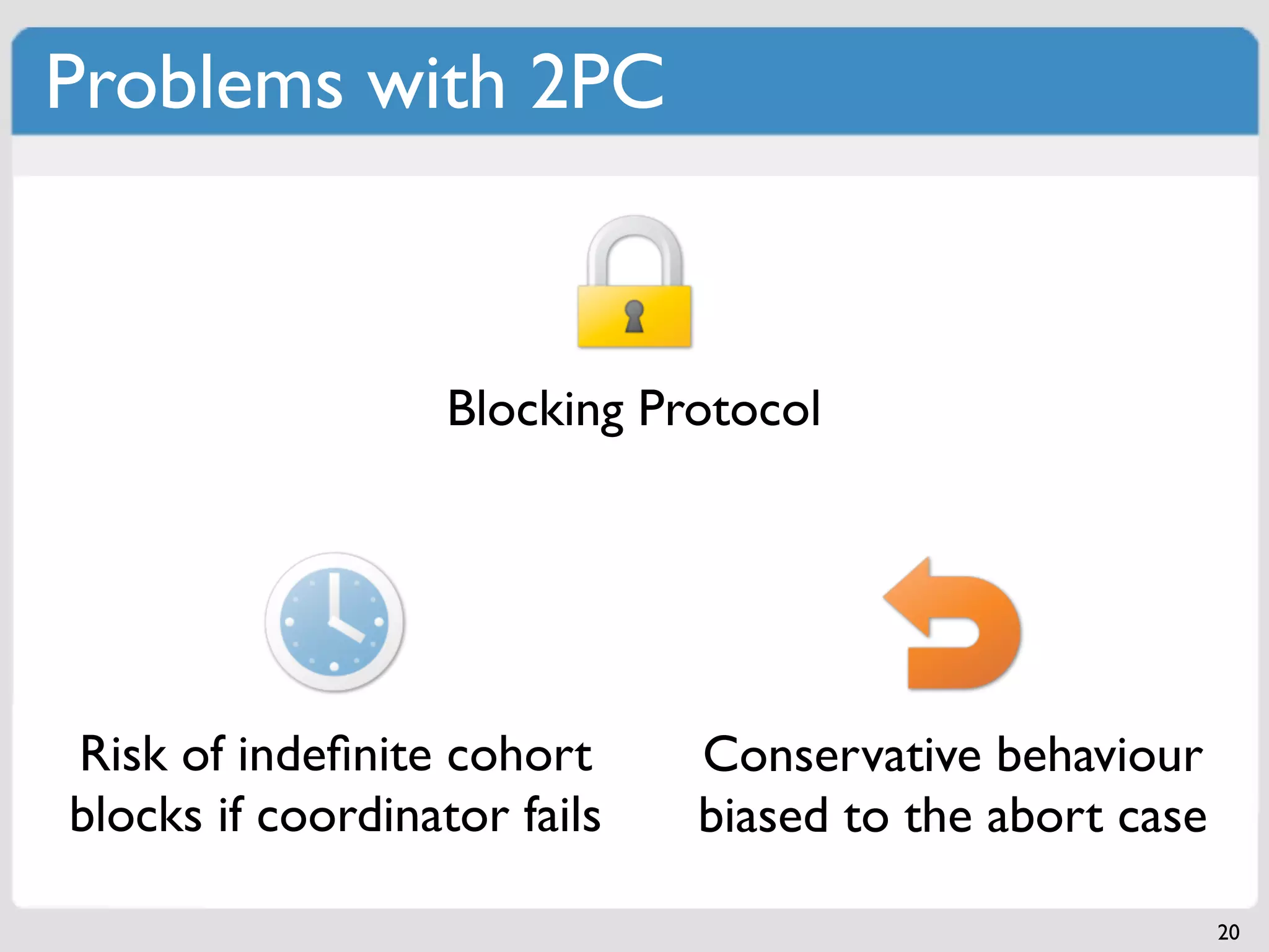 Problems with 2PC



                   Blocking Protocol




Risk of indeﬁnite cohort      Conservative behaviour
blocks if coordinator fails   biased to the abort case

                                                         20
 
