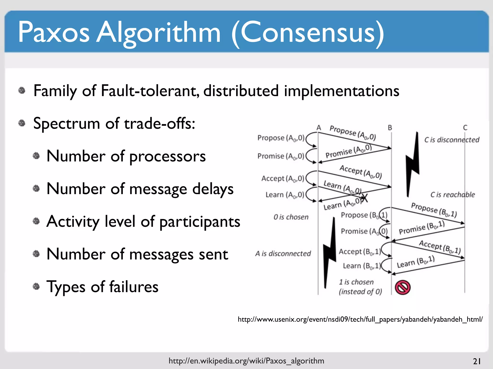 Paxos Algorithm (Consensus)
 Family of Fault-tolerant, distributed implementations
 Spectrum of trade-offs:
  Number of processors
  Number of message delays
  Activity level of participants
  Number of messages sent
  Types of failures
                                         http://www.usenix.org/event/nsdi09/tech/full_papers/yabandeh/yabandeh_html/




                      http://en.wikipedia.org/wiki/Paxos_algorithm                                              21
 