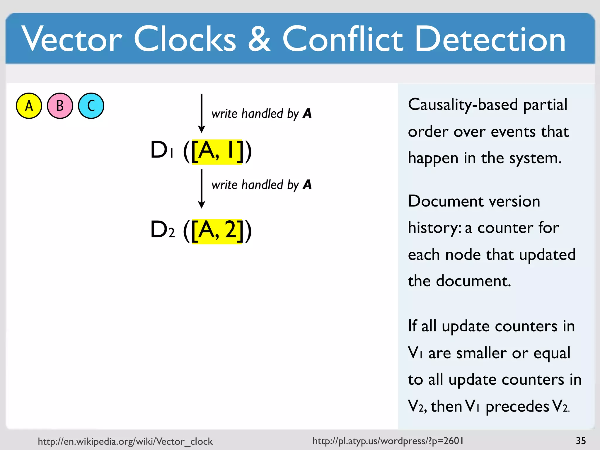Vector Clocks & Conﬂict Detection
A       B      C                            write handled by A
                                                                                      Causality-based partial
                                                                                      order over events that
                              D1 ([A, 1])                                             happen in the system.
                                            write handled by A
                                                                                      Document version
                              D2 ([A, 2])                                             history: a counter for
                                                                                      each node that updated
                                                                                      the document.

                                                                                      If all update counters in
                                                                                      V1 are smaller or equal
                                                                                      to all update counters in
                                                                                      V2, then V1 precedes V2.
    http://en.wikipedia.org/wiki/Vector_clock                    http://pl.atyp.us/wordpress/?p=2601              35
 