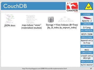CouchDB                                                                              AP

                                                                                 LICENSE



                                                                                Apache 2
                                                                                 LANGUAGE
JSON docs    map-reduce “views”              Storage + View Indexes (B+Tree)
            (materialised resultset)          [by_id_index, by_seqnum_index]     Erlang
                                                                               API/PROTOCOL

                                                                               REST/JSON
                                                                               PERSISTENCE
                                                                               Append-only
                                                                                 B+Tree
                                                                               CONCURRENCY

                                                                                  MVCC
                                                                               CONSISTENCY

                                                                               crash-only
                                                                                 design
                                                                               REPLICATION
                                                                               multi-master
            http://horicky.blogspot.com/2008/10/couchdb-implementation.html              57
 