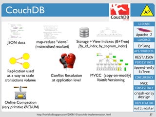 CouchDB                                                                                          AP

                                                                                               LICENSE



                                                                                              Apache 2
                                                                                               LANGUAGE
   JSON docs         map-reduce “views”                  Storage + View Indexes (B+Tree)
                    (materialised resultset)              [by_id_index, by_seqnum_index]       Erlang
                                                                                             API/PROTOCOL

                                                                                             REST/JSON
                                                                                             PERSISTENCE
                                                                                             Append-only
    Replication used                                                                           B+Tree
    as a way to scale              Conﬂict Resolution                MVCC (copy-on-modify)   CONCURRENCY
  transactions volume              at application level                Volatile Versioning
                                                                                                MVCC
                                                                                             CONSISTENCY

                                                                                             crash-only
                                                                                               design
  Online Compaction                                                                          REPLICATION
(very primitive VACUUM)                                                                      multi-master
                        http://horicky.blogspot.com/2008/10/couchdb-implementation.html                57
 