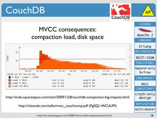 CouchDB                                                                                    AP

                                                                                       LICENSE

                  MVCC consequences:
                                                                                      Apache 2
                compaction load, disk space                                            LANGUAGE

                                                                                       Erlang
                                                                                     API/PROTOCOL

                                                                                     REST/JSON
                                                                                     PERSISTENCE
                                                                                     Append-only
                                                                                       B+Tree
                                                                                     CONCURRENCY

                                                                                        MVCC
                                                                                     CONSISTENCY

                                                                                     crash-only
http://enda.squarespace.com/tech/2009/12/8/couchdb-compaction-big-impacts.html         design
                                                                                     REPLICATION
        http://chesnok.com/talks/mvcc_couchcamp.pdf (PgSQL VACUUM)
                                                                                     multi-master
                   http://horicky.blogspot.com/2008/10/couchdb-implementation.html             58
 