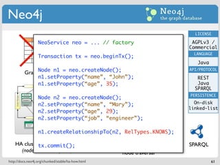 Neo4j
                                                                                    LICENSE

                  NeoService neo = ... // factory                                  AGPLv3 /
                                                                                  Commercial
                                                                                    LANGUAGE
                  Transaction tx = neo.beginTx();
                                                                                     Java
                                     Nodes,                Vertical Scalability
              Node Structure
                    n1 = neo.createNode();                 (1000s times faster,
                                                                                  API/PROTOCOL
         Graph Data               Relationships,
              n1.setProperty(“name”, “John”);              but not distributed)      REST
                                Properties on both                                   Java
                  n1.setProperty(“age”, 35);
                                                                                    SPARQL
                                                                                  PERSISTENCE
                  Node n2 = neo.createNode();
                  n2.setProperty(“name”, “Mary”); structure:                        On-disk
                                             Physical                             linked-list
                  n2.setProperty(“age”, 29);
                                          LinkedList stored on disk
                  n2.setProperty(“job”, “engineer”);

                  n1.createRelationshipTo(n2, RelTypes.KNOWS);

    HA cluster with ZooKeeper
             tx.commit();                          High-performance               SPARQL
      (nodes = exact replicas)                      node traversal
http://docs.neo4j.org/chunked/stable/ha-how.html                                            61
 