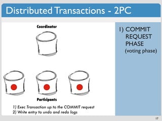 Distributed Transactions - 2PC
              Coordinator
                                                1) COMMIT
                                                   REQUEST
                                                   PHASE
                                                 (voting phase)




              Participants
 1) Exec Transaction up to the COMMIT request
 2) Write entry to undo and redo logs
                                                              17
 