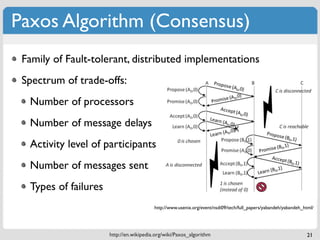 Paxos Algorithm (Consensus)
 Family of Fault-tolerant, distributed implementations
 Spectrum of trade-offs:
  Number of processors
  Number of message delays
  Activity level of participants
  Number of messages sent
  Types of failures
                                         http://www.usenix.org/event/nsdi09/tech/full_papers/yabandeh/yabandeh_html/




                      http://en.wikipedia.org/wiki/Paxos_algorithm                                              21
 