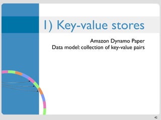 1) Key-value stores
                 Amazon Dynamo Paper
 Data model: collection of key-value pairs




                  ...