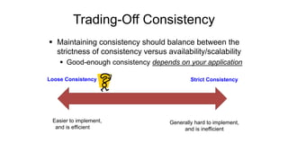 Trading-Off Consistency
 Maintaining consistency should balance between the
strictness of consistency versus availability/scalability
 Good-enough consistency depends on your application
Strict Consistency
Generally hard to implement,
and is inefficient
Loose Consistency
Easier to implement,
and is efficient
 