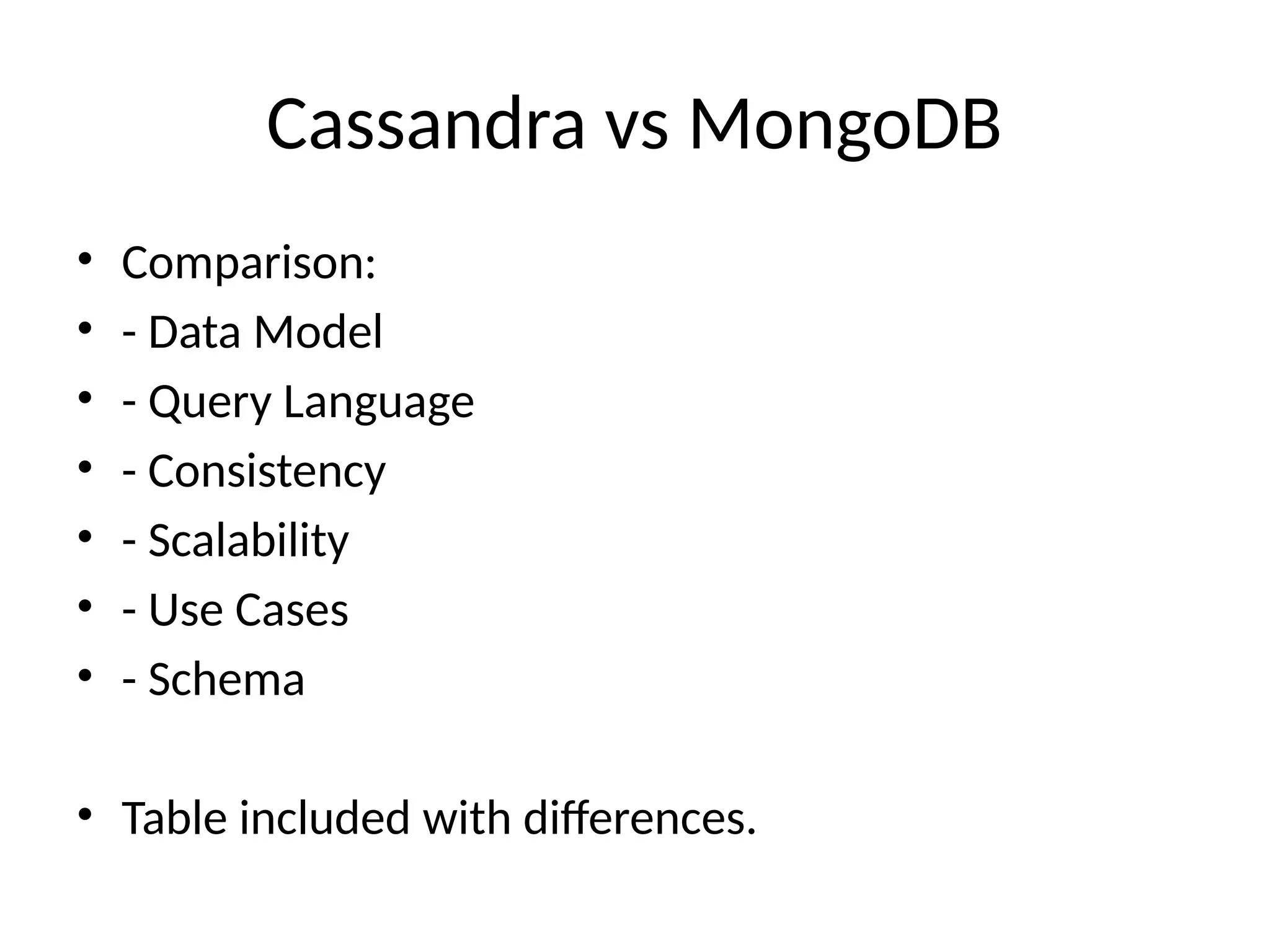 Cassandra vs MongoDB
• Comparison:
• - Data Model
• - Query Language
• - Consistency
• - Scalability
• - Use Cases
• - Schema
• Table included with differences.
 