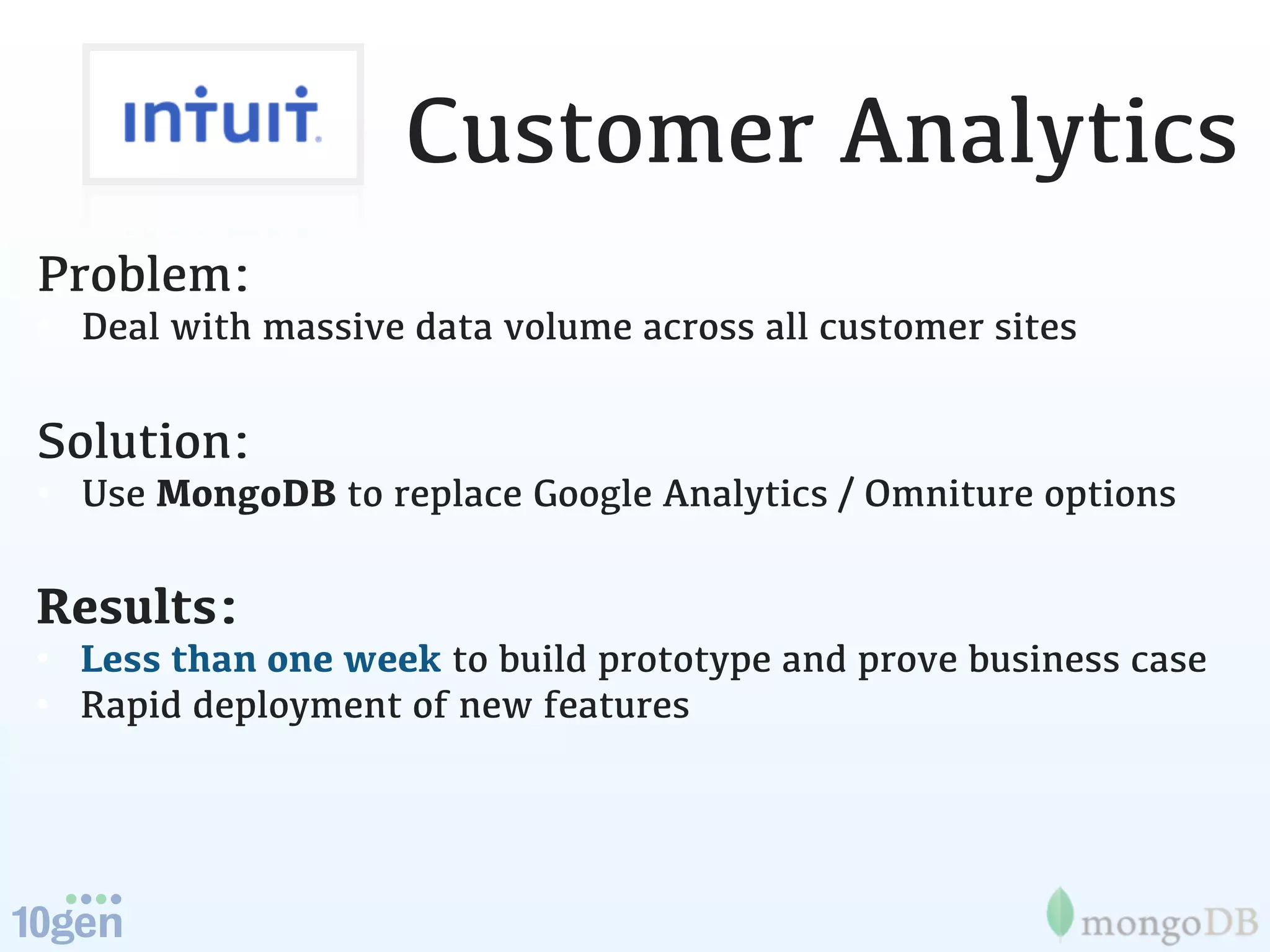 Customer Analytics
Problem:
• Deal with massive data volume across all customer sites

Solution:
• Use MongoDB to replace Google Analytics / Omniture options

Results:
• Less than one week to build prototype and prove business case
• Rapid deployment of new features
 