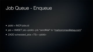 Job Queue - Enqueue

jobId = INCR jobs.id
job = HMSET job:<jobId> job “sendMail” to “marborromeo@ebay.com”
ZADD scheduled_...