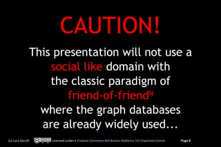 CAUTION!
This presentation will not use a
social like domain with
the classic paradigm of
friend-of-friendN
where the grap...