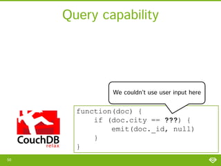 Query capability

We couldn’t use user input here

function(doc) {
if (doc.city == ???) {
emit(doc._id, null)
}
}
50

 