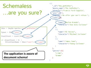 Schemaless
…are you sure?
$doc = $myDb->getDoc('the_godfather');
$year = $doc['year'];
$castCount = count($doc['cast']);
if ($castCount > 0) {
$firstCastName = $doc['cast'][0]['name'];
}

The application is aware of
document schema!

 