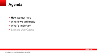 Agenda

 How we got here
 Where we are today
 What’s important

 Sample Use Cases

3

Copyright © 2013, Oracle and/or its affiliates. All rights reserved.

 