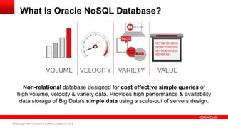 What is Oracle NoSQL Database?
SOCIAL

BLOG

SMART
METER

VOLUME

VELOCITY

VARIETY

1011001010010
0100110101010
1011100101010
100100101

VALUE

Non-relational database designed for cost effective simple queries of
high volume, velocity & variety data. Provides high performance & availability
data storage of Big Data’s simple data using a scale-out of servers design.

7

Copyright © 2013, Oracle and/or its affiliates. All rights reserved.

 