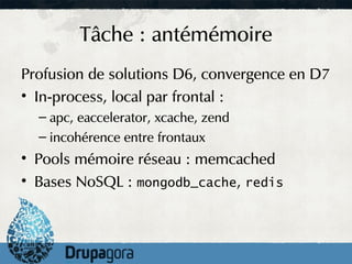 Tâche : antémémoire
Profusion de solutions D6, convergence en D7
• In-process, local par frontal :
  – apc, eaccelerator, xcache, zend
  – incohérence entre frontaux
• Pools mémoire réseau : memcached
• Bases NoSQL : mongodb_cache, redis
 