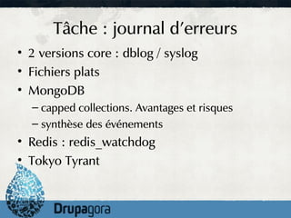 Tâche : journal d'erreurs
• 2 versions core : dblog / syslog
• Fichiers plats
• MongoDB
  – capped collections. Avantages et risques
  – synthèse des événements
• Redis : redis_watchdog
• Tokyo Tyrant
 