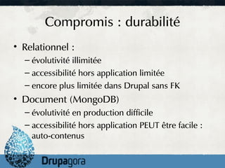 Compromis : durabilité
• Relationnel :
  – évolutivité illimitée
  – accessibilité hors application limitée
  – encore plus limitée dans Drupal sans FK
• Document (MongoDB)
  – évolutivité en production difficile
  – accessibilité hors application PEUT être facile :
    auto-contenus
 