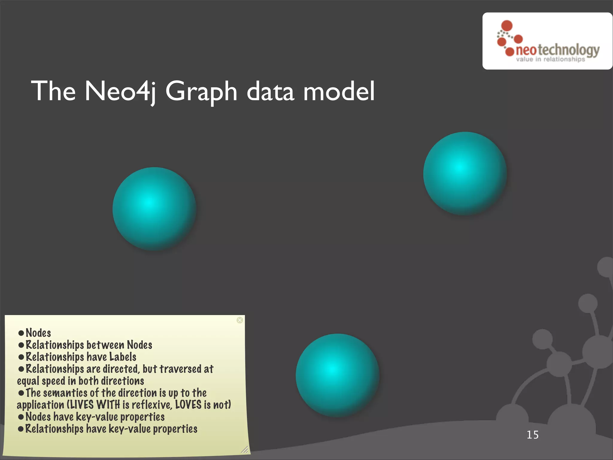 The Neo4j Graph data model




•Nodes
•Relationships bet ween Nodes
•Relationships have Labels
•Relationships are directed, but traversed at
equal speed in both directions
•The semantics of the direction is up to the
application (LIVES WITH is reflexive, LOVES is not)
•Nodes have key-value properties
•Relationships have key-value properties              15
 