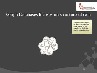 Graph Databases focuses on structure of data
                                   Graph databases focus
                                   on the structure of the
                                   data, scaling to the
                                   complexity of the data
                                   and of the application.




                                                 12
 