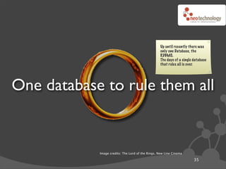 Up until recently there was
                                                   only one Database, the
                                                   RDBMS.
                                                   The days of a single database
                                                   that rules all is over.




One database to rule them all


            Image credits: The Lord of the Rings, New Line Cinema

                                                                        35
 