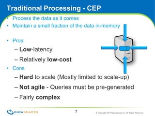 Traditional Processing - CEP<br />Process the data as it comes<br />Maintain a small fraction of the data in-memory<br />P...