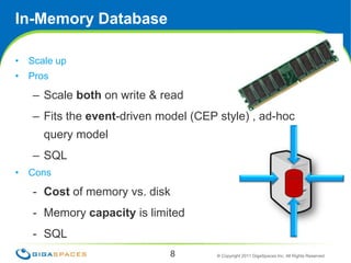 In-Memory Database<br />Scale up<br />Pros<br />Scale both on write & read<br />Fits the event-driven model (CEP style) , ...