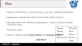 Data
 Data has never been in same structure, so as their modelling techniques.
 Applications evolved from OLAP, OLTP to Web, Mobile & Social.
 Big Data comes with different characteristics – Volume, Velocity, Variety,
Veracity & Value.
 Responsys Data:
 Need for better suitable Data models and Storage models
- but why ?
 