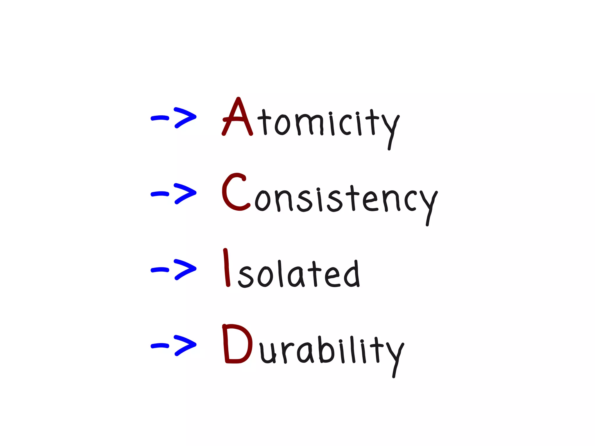 -> A tomicity
-> C onsistency
-> I solated
-> D urability
 