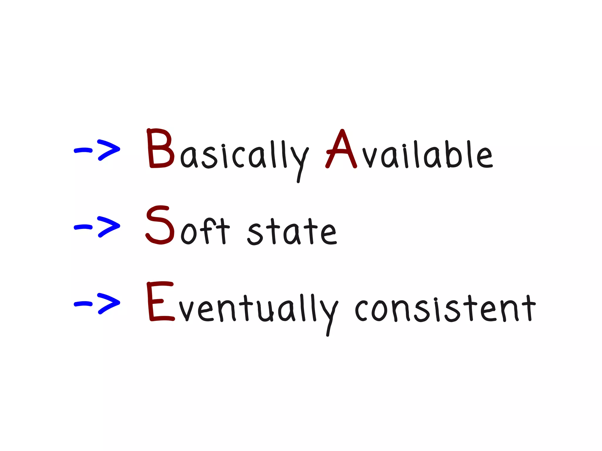 -> B asically A vailable
-> S oft   state

-> E ventually     consistent
 