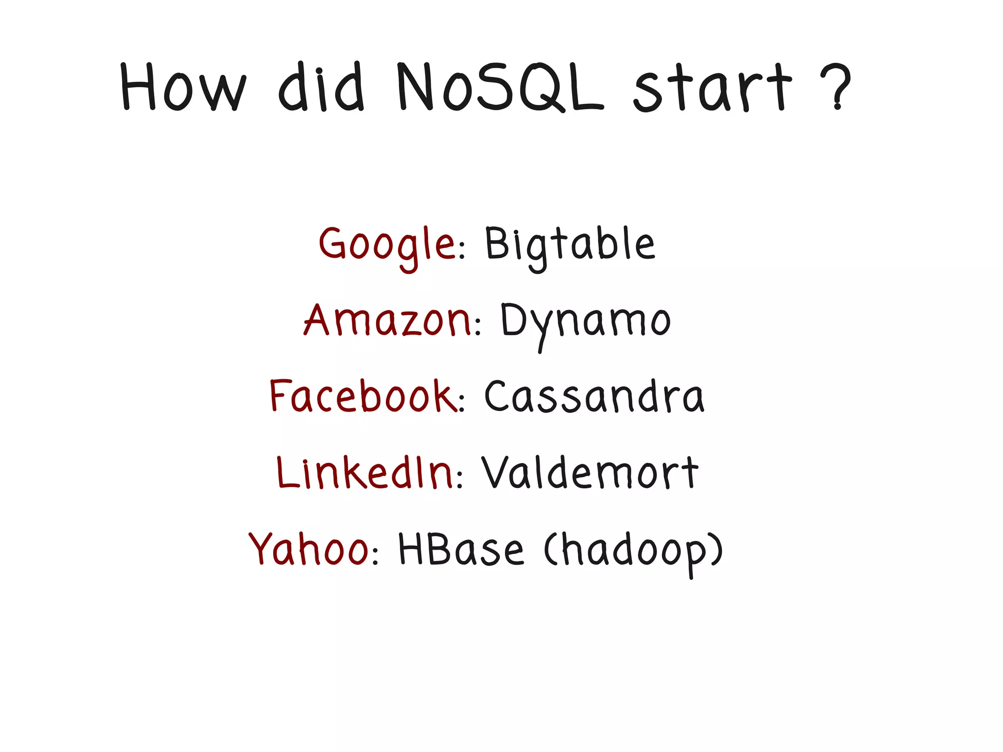 How did NoSQL start ?

      Google: Bigtable
     Amazon: Dynamo
    Facebook: Cassandra
    LinkedIn: Valdemort
   Yahoo: HBase (hadoop)
 