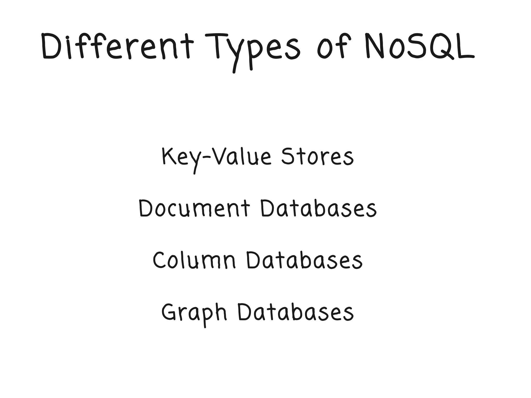 Different Types of NoSQL


      Key-Value Stores

     Document Databases

      Column Databases

      Graph Databases
 