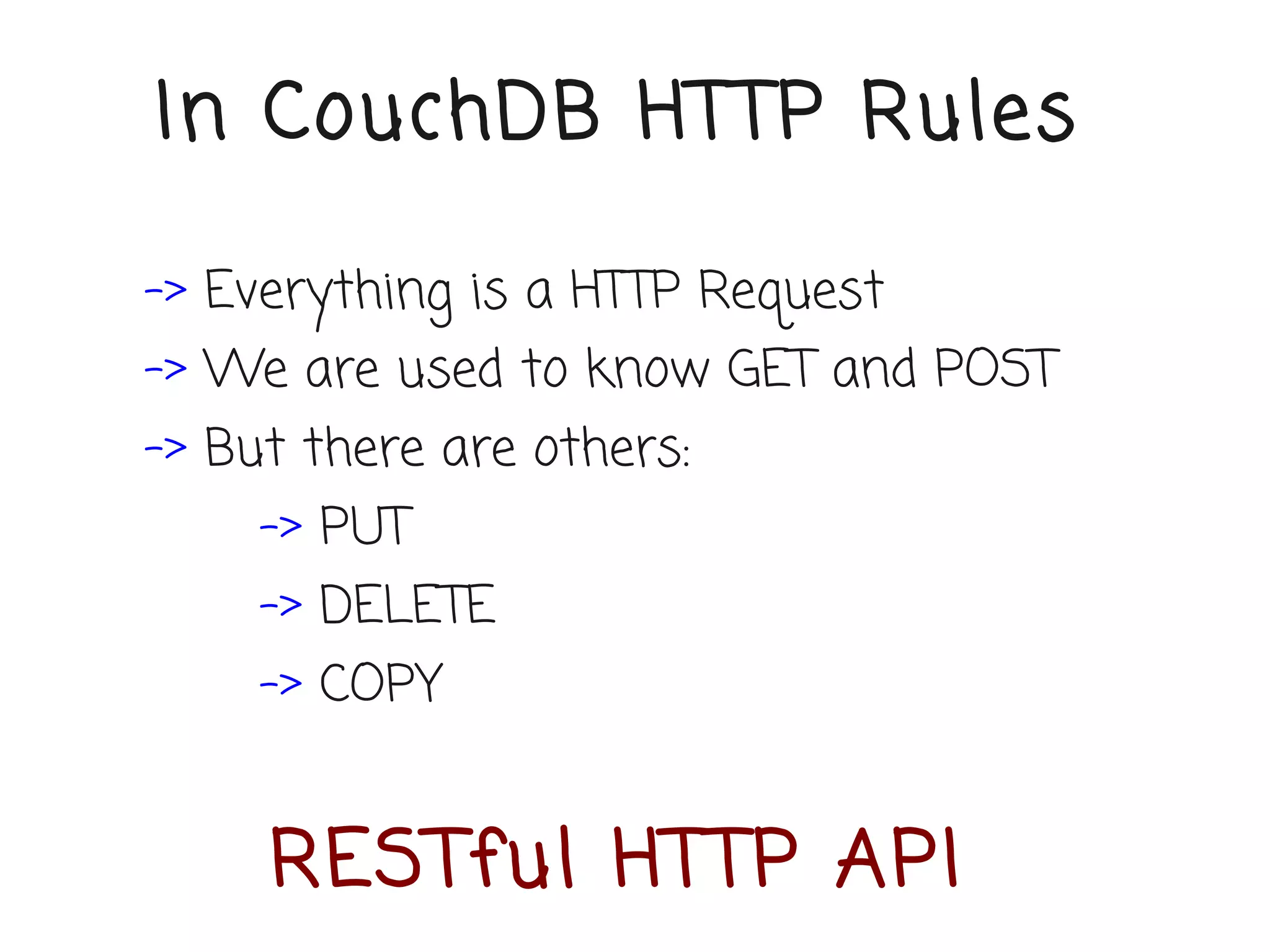 In CouchDB HTTP Rules

-> Everything is a HTTP Request
-> We are used to know GET and POST
-> But there are others:
     -> PUT
     -> DELETE
     -> COPY


     RESTful HTTP API
 