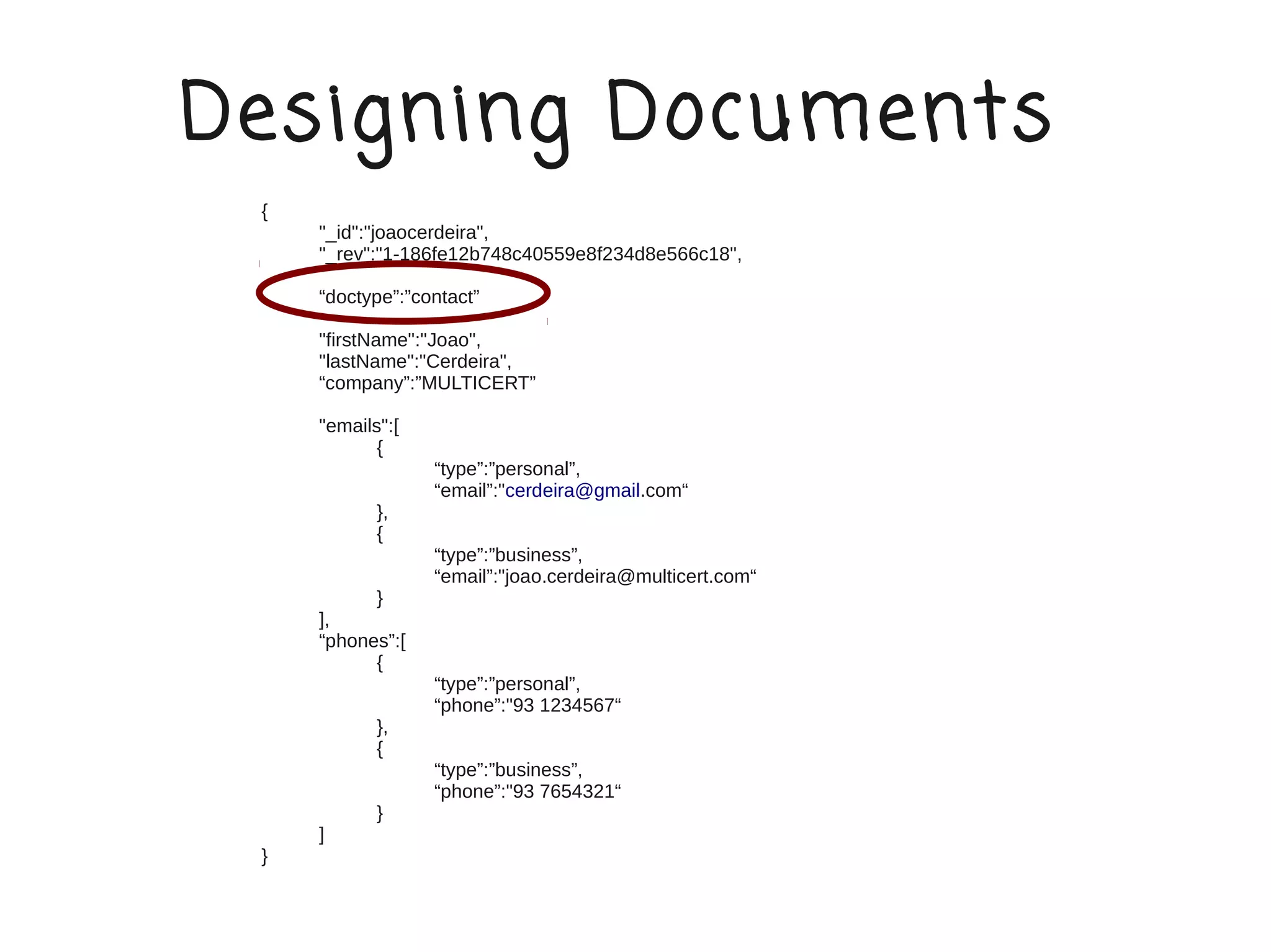 Designing Documents
 {
     "_id":"joaocerdeira",
     "_rev":"1-186fe12b748c40559e8f234d8e566c18",

     “doctype”:”contact”

     "firstName":"Joao",
     "lastName":"Cerdeira",
     “company”:”MULTICERT”

     "emails":[
            {
                  “type”:”personal”,
                  “email”:"cerdeira@gmail.com“
            },
            {
                  “type”:”business”,
                  “email”:"joao.cerdeira@multicert.com“
           }
     ],
     “phones”:[
           {
                  “type”:”personal”,
                  “phone”:"93 1234567“
            },
            {
                  “type”:”business”,
                  “phone”:"93 7654321“
            }
     ]
 }
 