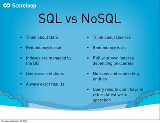 SQL vs NoSQL
                    • Think about Data         • Think about Queries

                    • Redundancy is bad        • Redundancy is ok

                    • Indexes are managed by   • Roll your own indexes
                      the DB                     depending on queries

                    • Query over relations     • No Joins and connecting
                                                 entities
                    • Always exact results
                                               • Query results don’t have to
                                                 return latest write
                                                 operation



Thursday, September 23, 2010
 