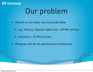 Our problem
                    • Growth is not linear and not predictable

                          • e.g. History::Session table now > 30 Mio entries

                          • Activities > 26 Mio entries

                    • Postgres will be the performance bottleneck




Thursday, September 23, 2010
 