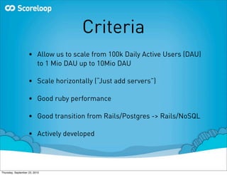 Criteria
                    • Allow us to scale from 100k Daily Active Users (DAU)
                      to 1 Mio DAU up to 10Mio DAU

                    • Scale horizontally (“Just add servers”)

                    • Good ruby performance

                    • Good transition from Rails/Postgres -> Rails/NoSQL

                    • Actively developed




Thursday, September 23, 2010
 