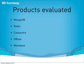 Products evaluated
                    • MongoDB

                    • Redis

                    • Cassandra

                    • HBase

                    • Membase




Thursday, September 23, 2010
 