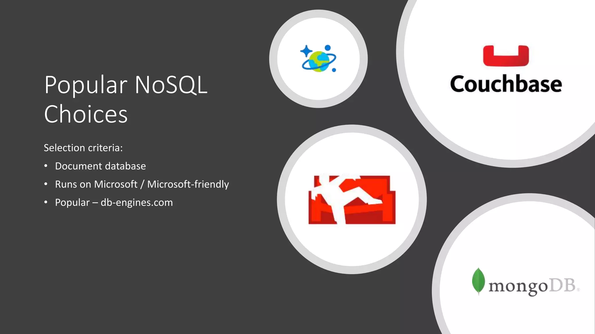 Popular NoSQL
Choices
Selection criteria:
• Document database
• Runs on Microsoft / Microsoft-friendly
• Popular – db-engines.com
 
