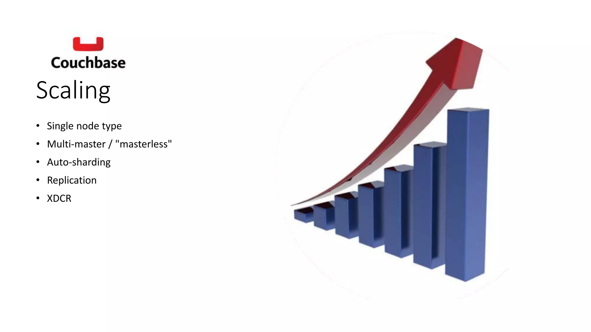 Scaling
• Single node type
• Multi-master / "masterless"
• Auto-sharding
• Replication
• XDCR
 