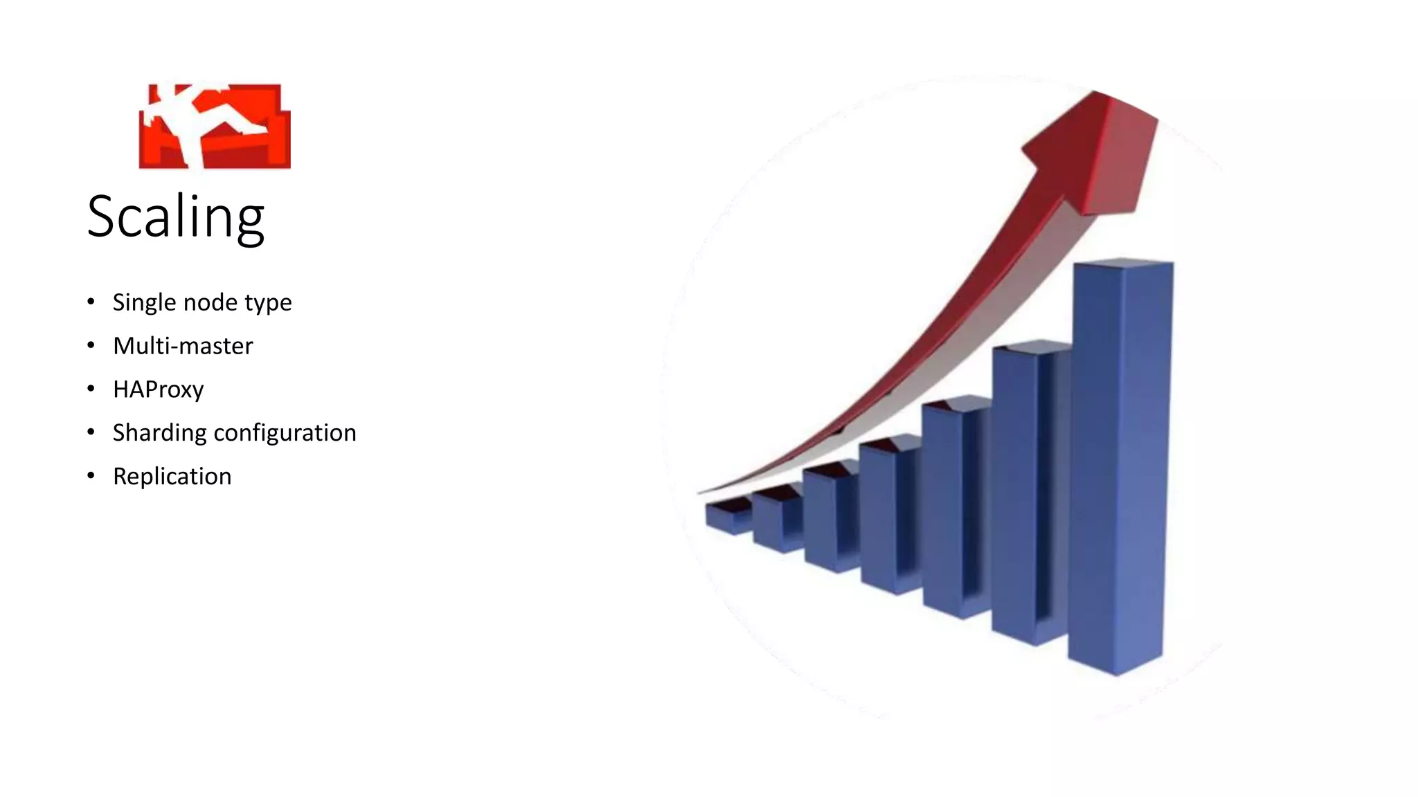 Scaling
• Single node type
• Multi-master
• HAProxy
• Sharding configuration
• Replication
 